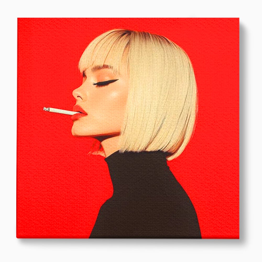 Tablou canvas cu ilustratie digitala cu femeie blonda fumand, fara rama, pe sasiu de lemn